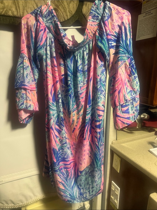 Lilly Pulitzer Dresses & Skirts - Lilly Pulitzer Pink & Blue Tropical-Print Off-Shoulder Midi Dress